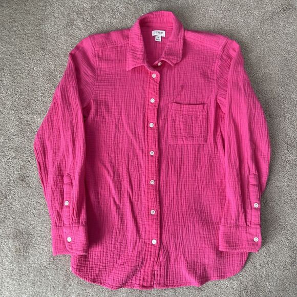 J Crew Gauze Button Up Shirt Womens Small Hot Pink Cotton Beach Cover up Preppy - Picture 1 of 6